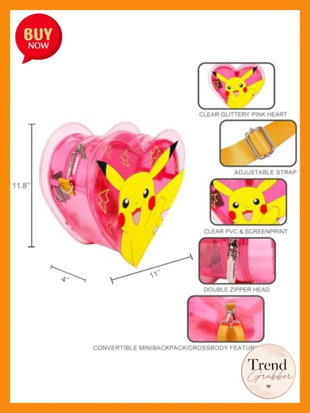 Pokemon Pikachu Mini Backpack Purse Women Heart Shaped Clear Glitter PVC